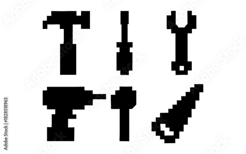Pixel art tool set: hammer, screwdriver, wrench, drill, sander, saw