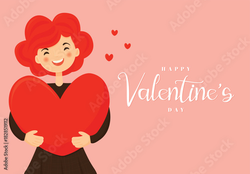 Happy Valentines Day Girl Holding Big Heart Greeting Card.