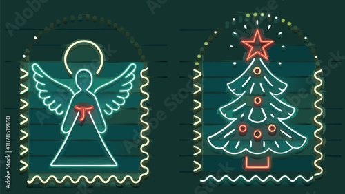 Neon angel and Christmas tree decorations bring modern holiday cheer and festive vibes for seasonal greetings