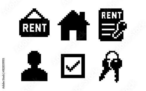 Pixel art rental icons: simplistic home, keys, and lease symbols collection