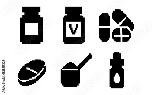 Pixel art medicine icons: pills, syrup, capsules, and vitamin bottles