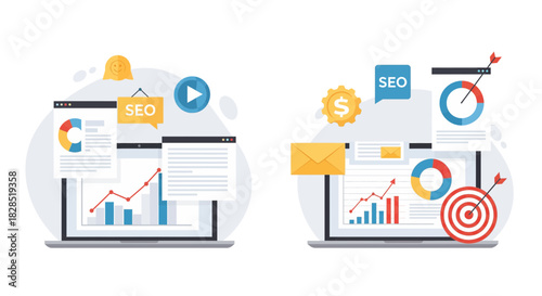 Digital Marketing Analytics and SEO Strategy on Laptops.