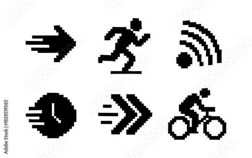 Retro pixel art icons featuring arrow, running figure, wifi signal, clock, and bicyclist