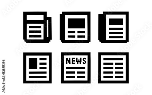 Black and white newspaper icon set for digital and print media design