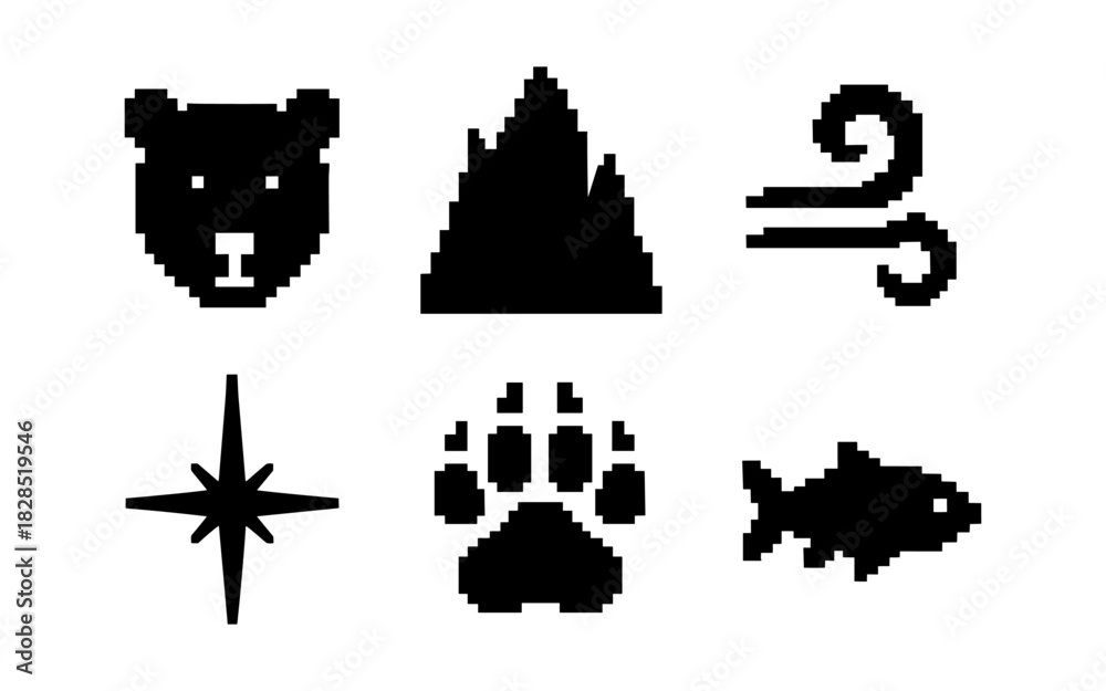 Obraz premium Retro pixel nature icons: bear, mountain, wind, star, paw, fish