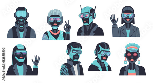 Diverse Group of Futuristic Robots Wearing VR Headsets.