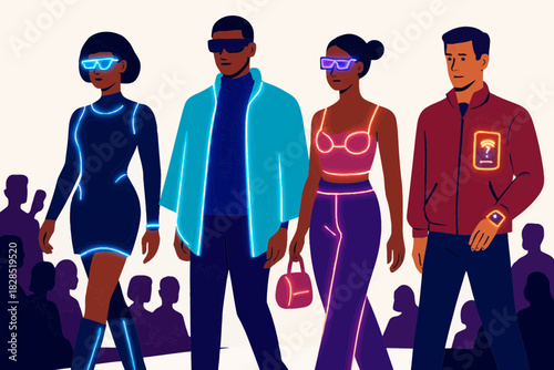 Diverse group of models showcasing futuristic fashion on a runway.