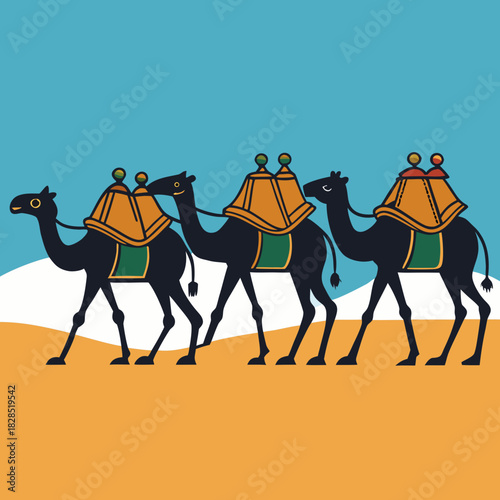 Three camels walking in a desert caravan