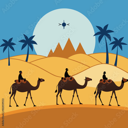 Three wise men riding camels across desert landscape with pyramids and palm trees