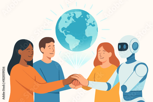 Diverse group of people and robot uniting hands around the globe.