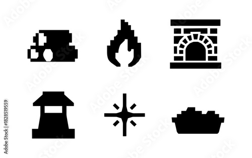 Silhouette icons of brickwork, flame, fireplace, well, star, fortress