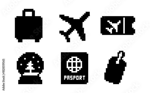 Pixel art travel icons: luggage, airplane, passport, and more