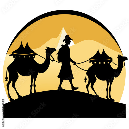 Silhouette of a man leading two camels across a desert landscape