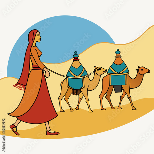 Woman leading camels across a desert landscape under a blue sky