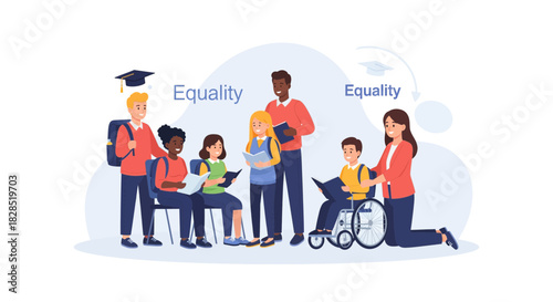 Diverse group of students learning together promoting equality and equity.