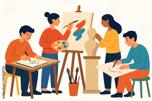 Diverse group of young artists engaged in various art forms in a creative studio setting.