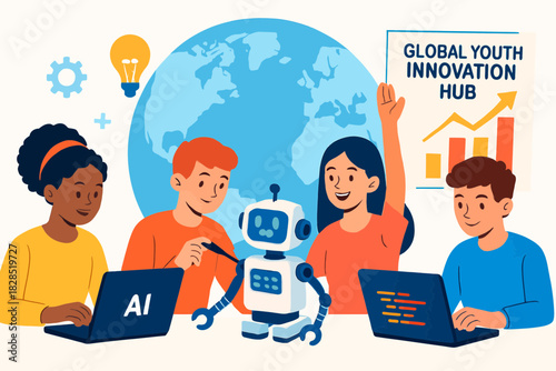 Diverse group of young students collaborating on AI and robotics project.