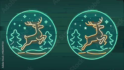 Festive neon reindeer leaping through winter forest, offering whimsical holiday charm for seasonal designs