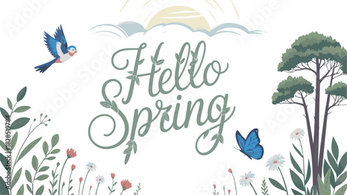 Hello Spring A Delightful Digital Illustration Featuring Birds, Butterflies, and Blooming Flowers Under a Sunny Sky