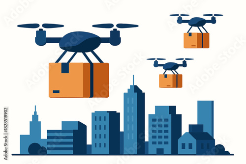 Drone Delivery Service Over Modern City Skyline.