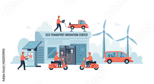 Eco Transport Innovation Center with Electric Vehicles and Renewable Energy.
