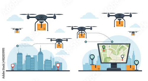 Drone Delivery Service in Modern Cityscape with Tracking System.