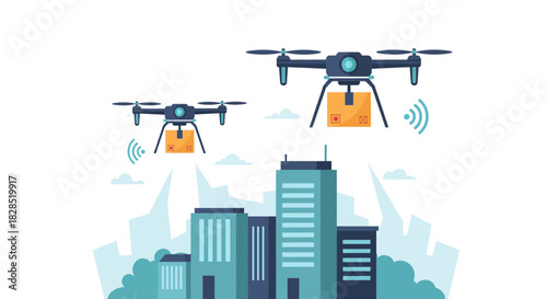 Drones Delivering Packages Over Cityscape.