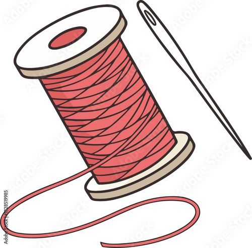 Red and white cotton sewing thread spool, needle, and bobbin isolated for tailor craft and fashion embroidery
