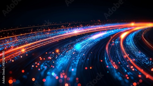 Abstract background of glowing blue and orange light lines representing data flow, digital communication, optical fiber technology, and high-speed network connections.
