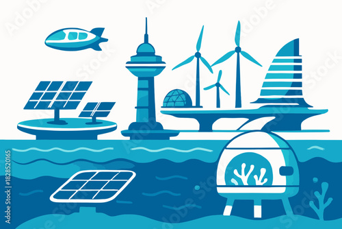 Futuristic Eco City with Renewable Energy Sources and Advanced Technology.