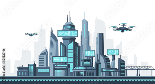 Futuristic Cityscape with Drones and Digital Billboards.