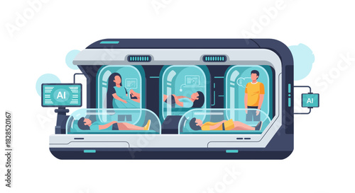 Futuristic Cryogenic Pods with People in Stasis.