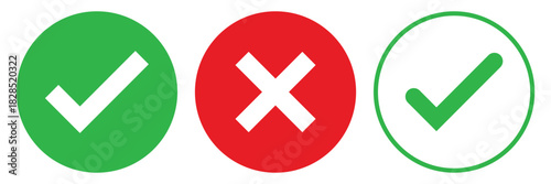 Right and wrong vector icon set rounded color black outline, flat rounded check mark, cross, x mark, circle shape thin line tick mark symbol. Approval and rejection signs isolated on white background