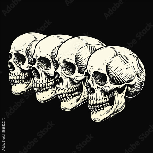 Four Vintage Style Skulls in a Row on Black Background Keywords: skulls, skull, vintage, retro, macabre, death, halloween, horror, dark art
