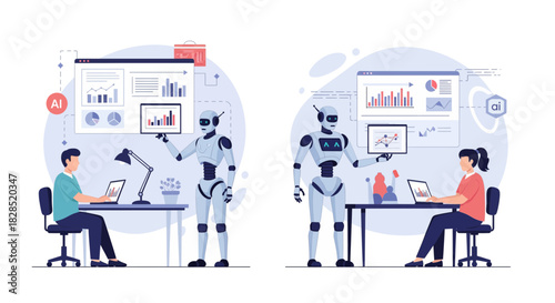 Robots and humans collaborate on data analysis and business tasks in a modern office setting.