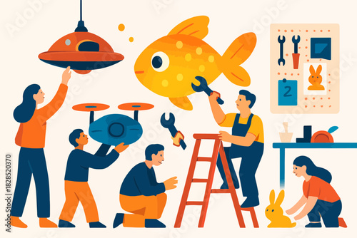 People working together to fix various items in a creative workshop setting.