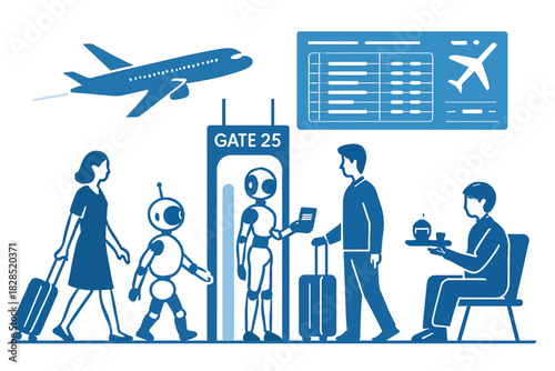 Robots and people at airport gate for future travel.