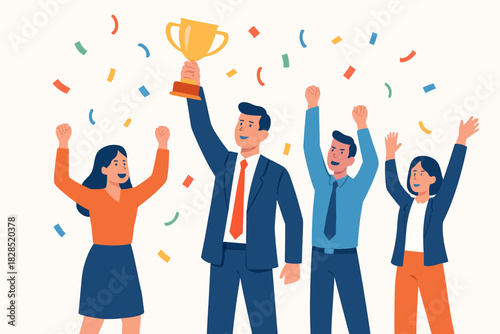 Successful Business Team Celebrating Victory with Trophy and Confetti.