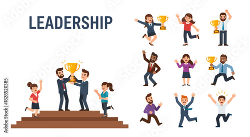 Successful Leadership Team Celebrating Victory with Trophies.