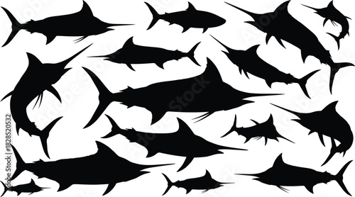 A collection of marlin and swordfish silhouettes swimming dynamically, illustrating marine life, ocean predators, speed, sport fishing, and saltwater ecosystem.