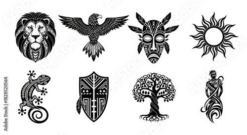 A set of monochrome vector illustrations shows various tribal animal and nature tattoo designs against a stark white background in a clean graphic style.