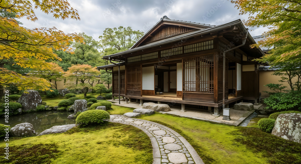 Obraz premium Traditional japanese house with garden in kyoto at cloudy day