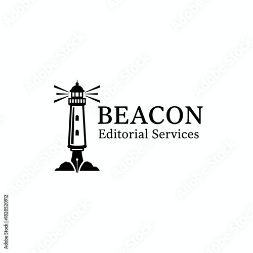 A clean black-and-white logo combining a lighthouse and fountain pen tip, symbolizing clarity, guidance, and precision for professional editorial services.