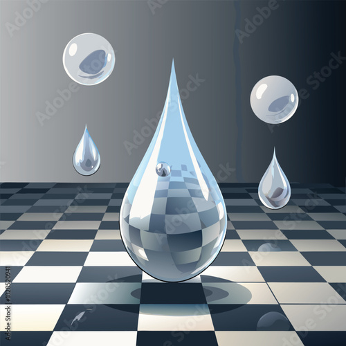 Large clear water drop reflecting a checkered pattern on a dark surface liquid transparent