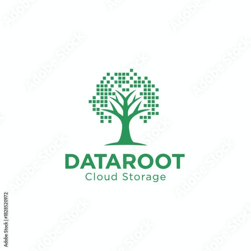 A digital tree made of pixel-like elements symbolizes growth, connectivity, and secure cloud storage, representing modern data management with a clean, tech-driven identity.