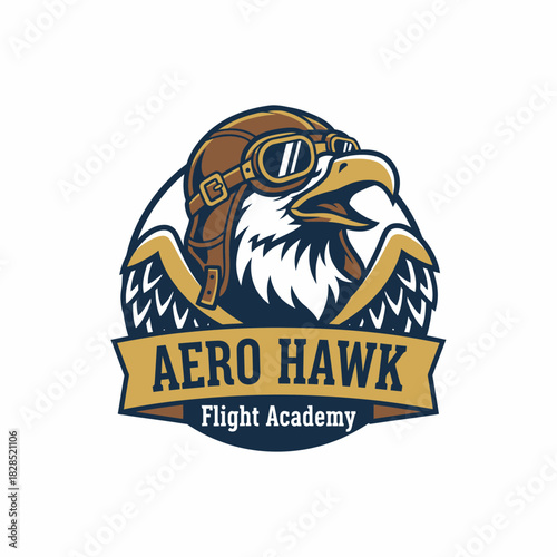 A bold hawk wearing vintage aviator gear represents courage and skill, symbolizing a dynamic flight academy focused on training excellence and aviation mastery.
