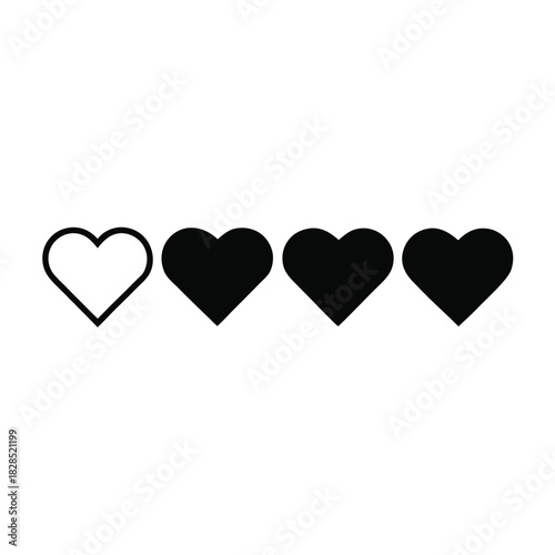 Four Hearts One Outline Three Filled Black on White love rating