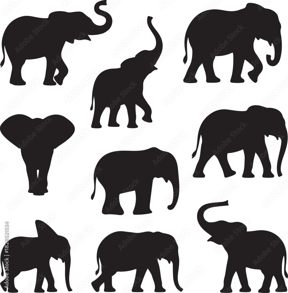 Naklejka premium Collection of black elephant silhouettes in various walking and standing poses for African safari wildlife design