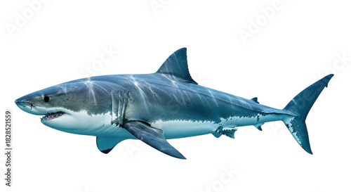 Isolated Great White Shark, Powerful Apex Predator in the Ocean, Side View, Close-Up, Realistic