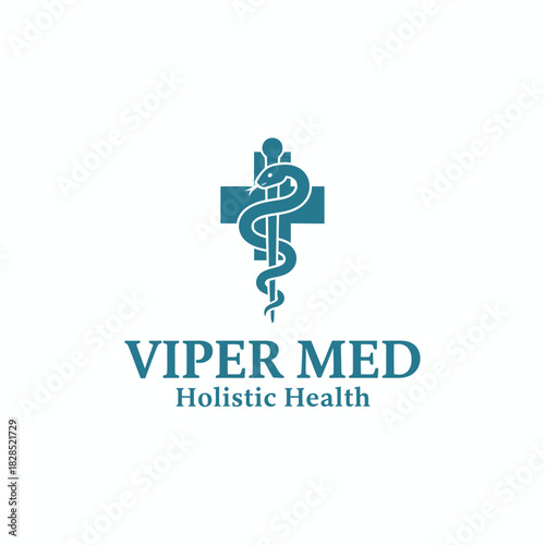 A clean medical logo featuring a serpent wrapped around a staff over a cross, symbolizing holistic health, wellness, and professional healthcare services.
